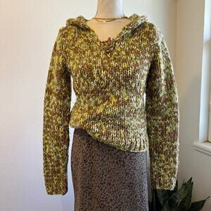 Y2K Green & Brown Woven Chunky Wool Blend Hooded Knit Sweater Size Small